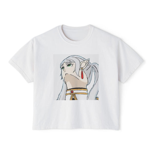 Anime Elf Portrait Boxy Tee — White Women’s Cropped Graphic Shirt