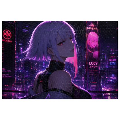 Cyberpunk Anime Jigsaw Puzzle with Tin — 'Lucy' Neon Night City Scene