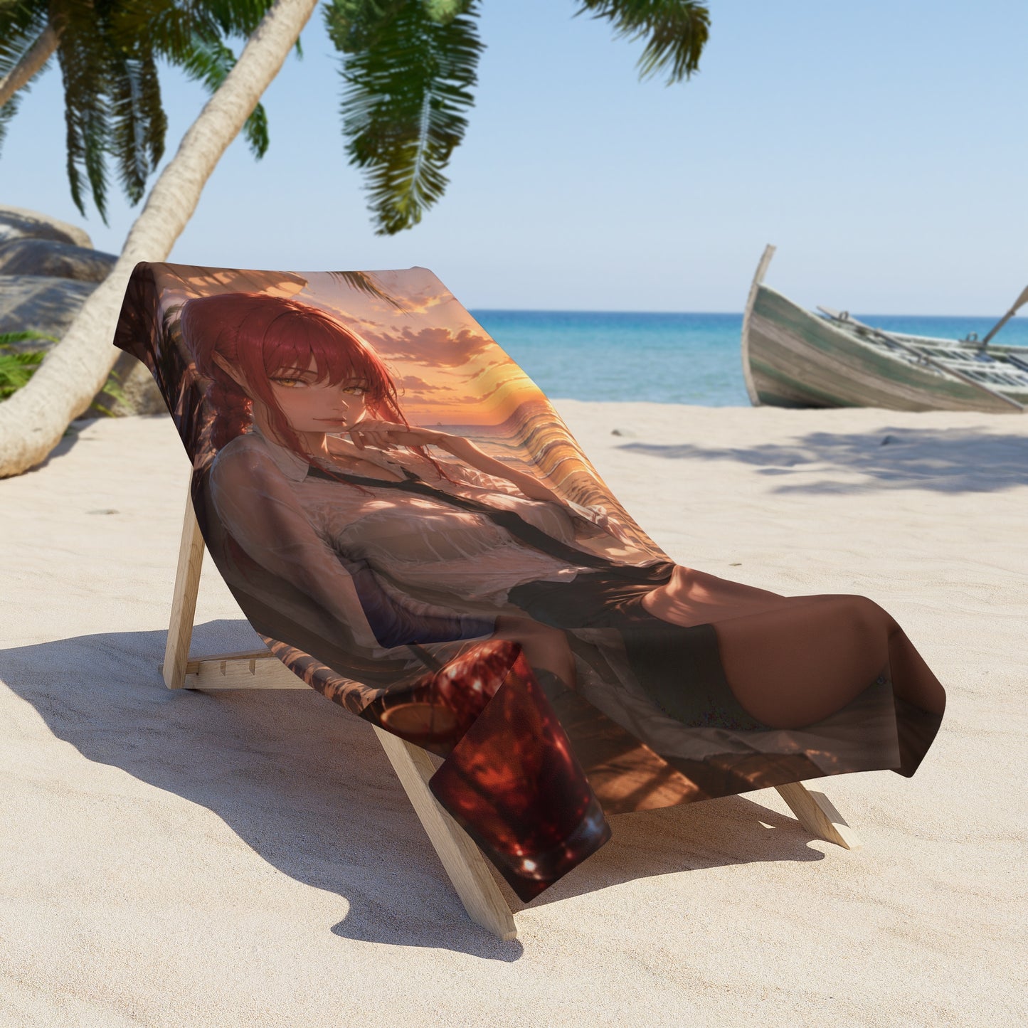 Makima Chainsaw Man Sunset Anime Beach Towel - Red-Haired Girl Illustration