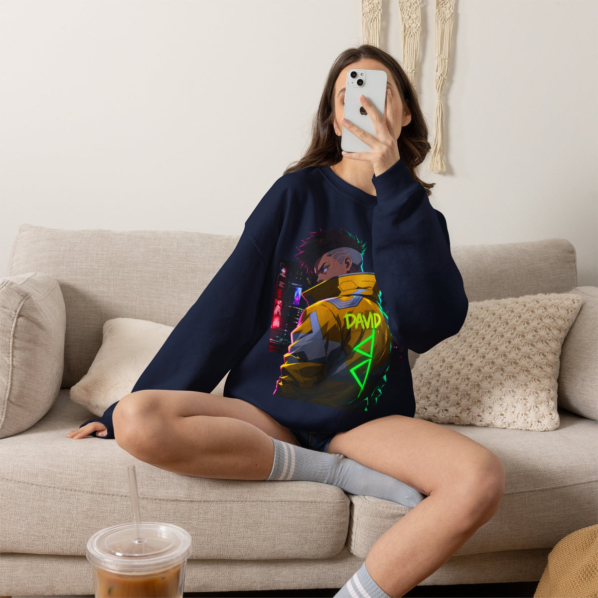 Cyberpunk Jacket Graphic Sweatshirt — "DAVID" Neon Anime Crewneck
