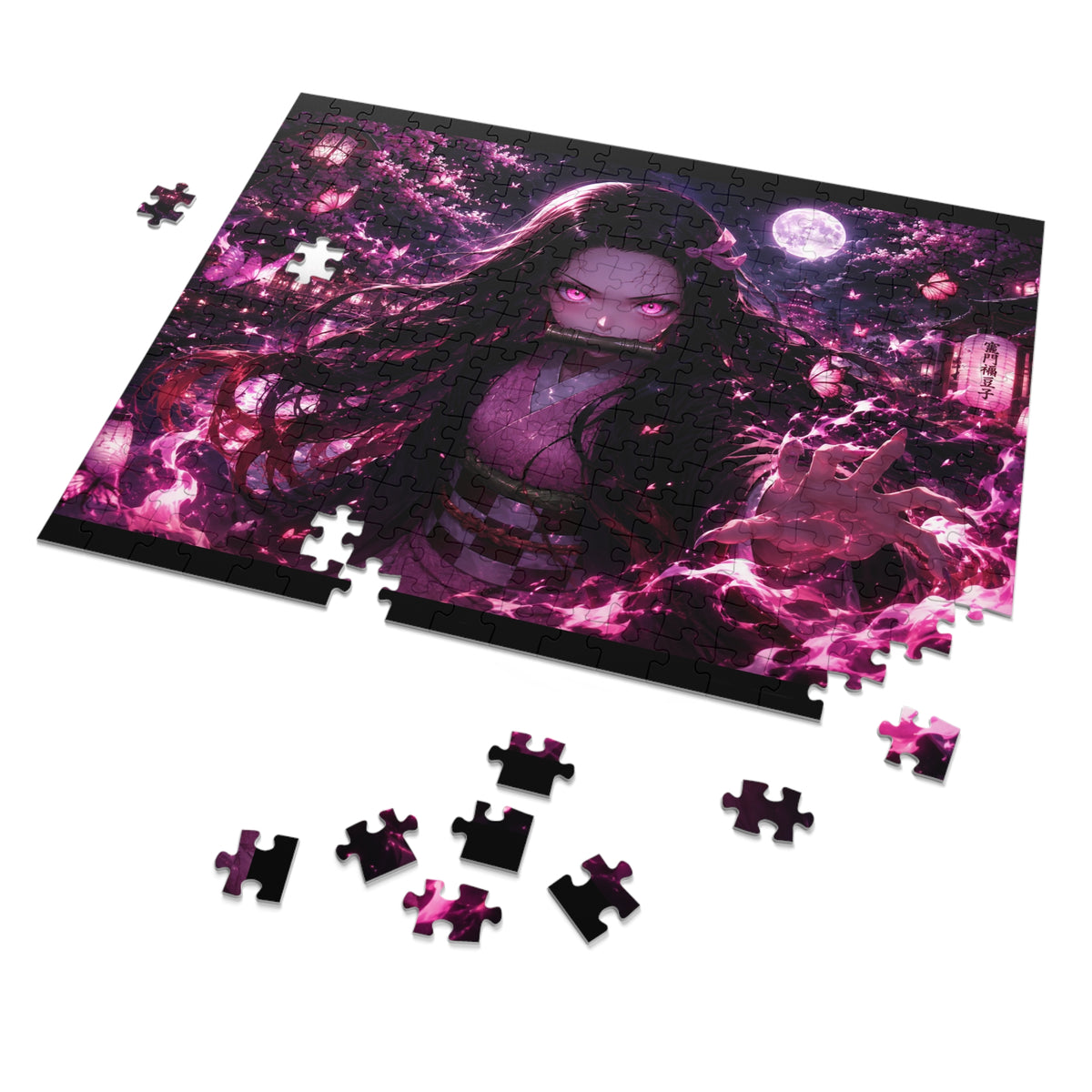 Nezuko Demon Slayer Girl Anime Jigsaw Puzzle with Tin — 500pc Neon Cherry Blossom Night