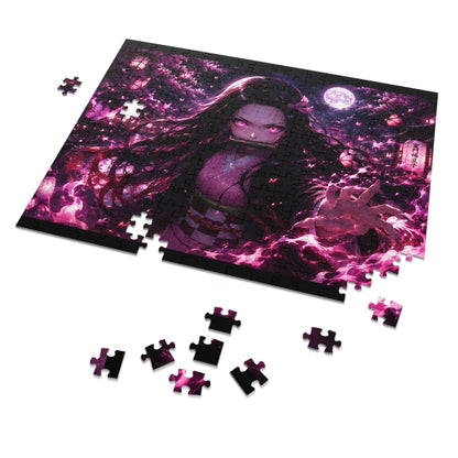Nezuko Demon Slayer Girl Anime Jigsaw Puzzle with Tin — 500pc Neon Cherry Blossom Night