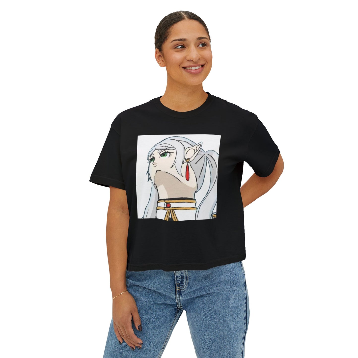 Anime Elf Portrait Boxy Tee — White Women’s Cropped Graphic Shirt
