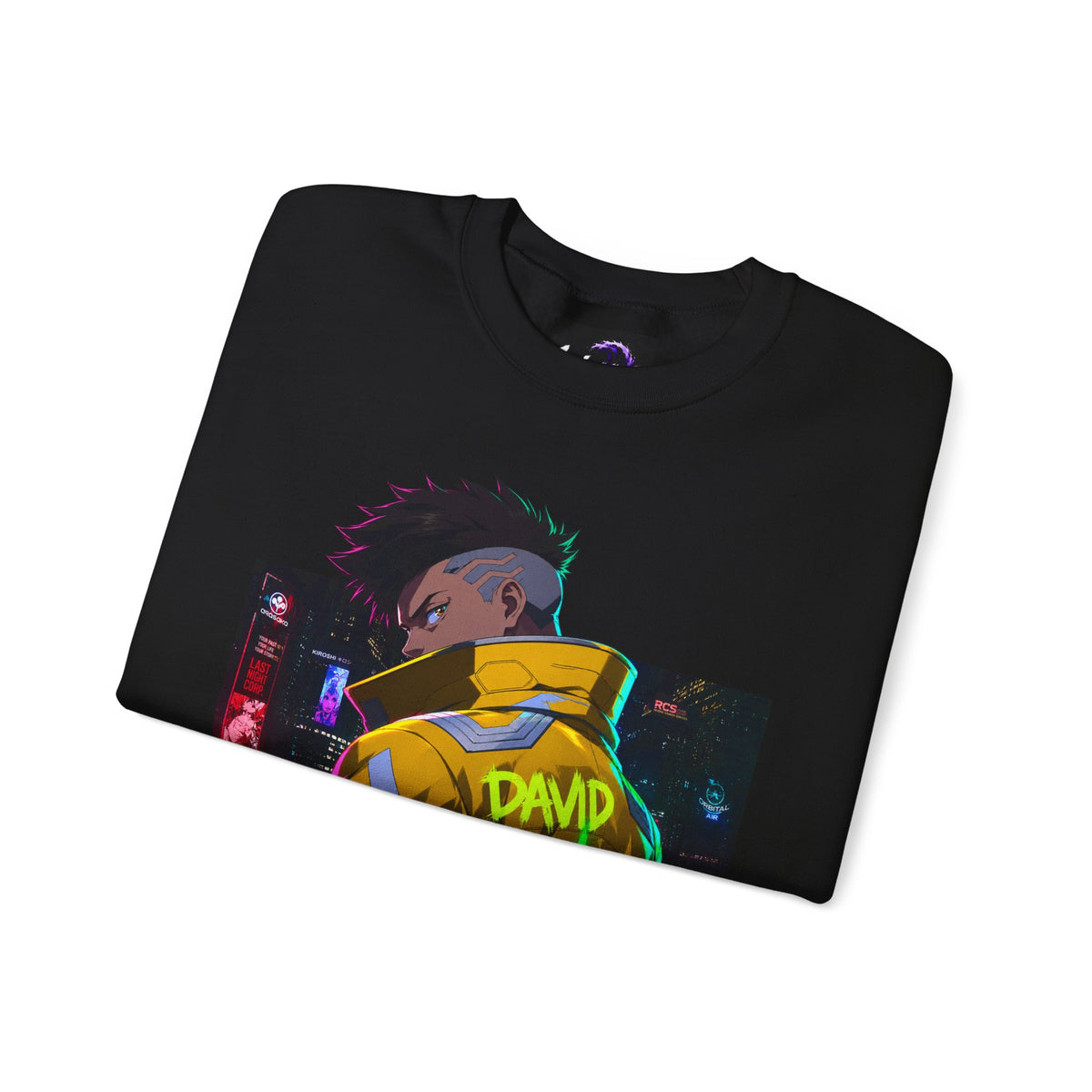 Cyberpunk Jacket Graphic Sweatshirt — "DAVID" Neon Anime Crewneck