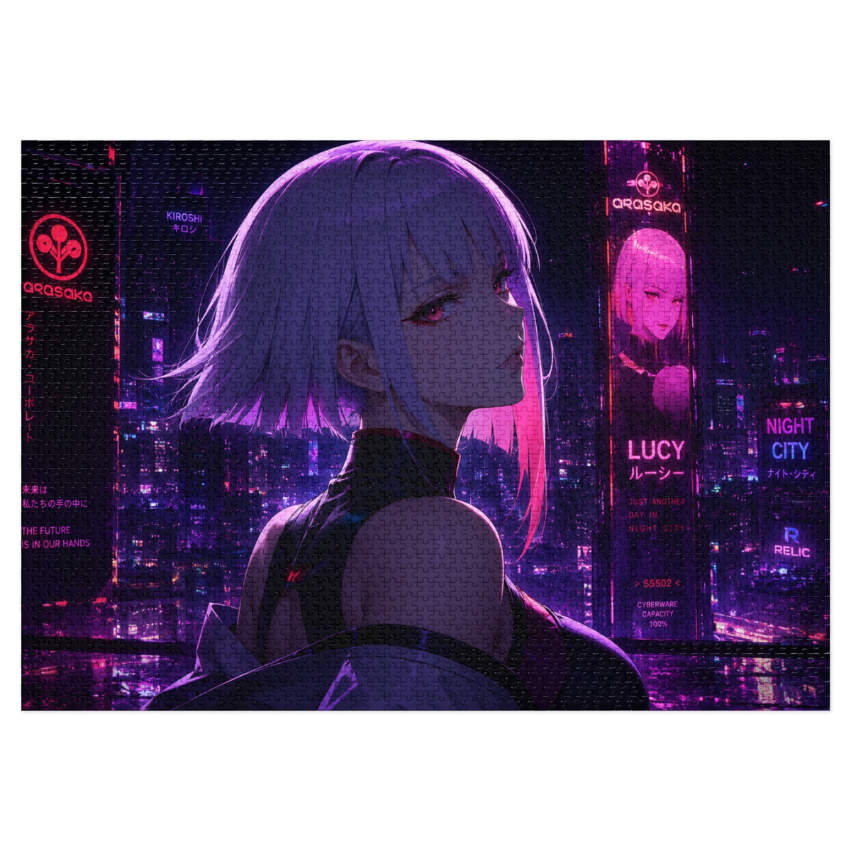 Cyberpunk Anime Jigsaw Puzzle with Tin — 'Lucy' Neon Night City Scene