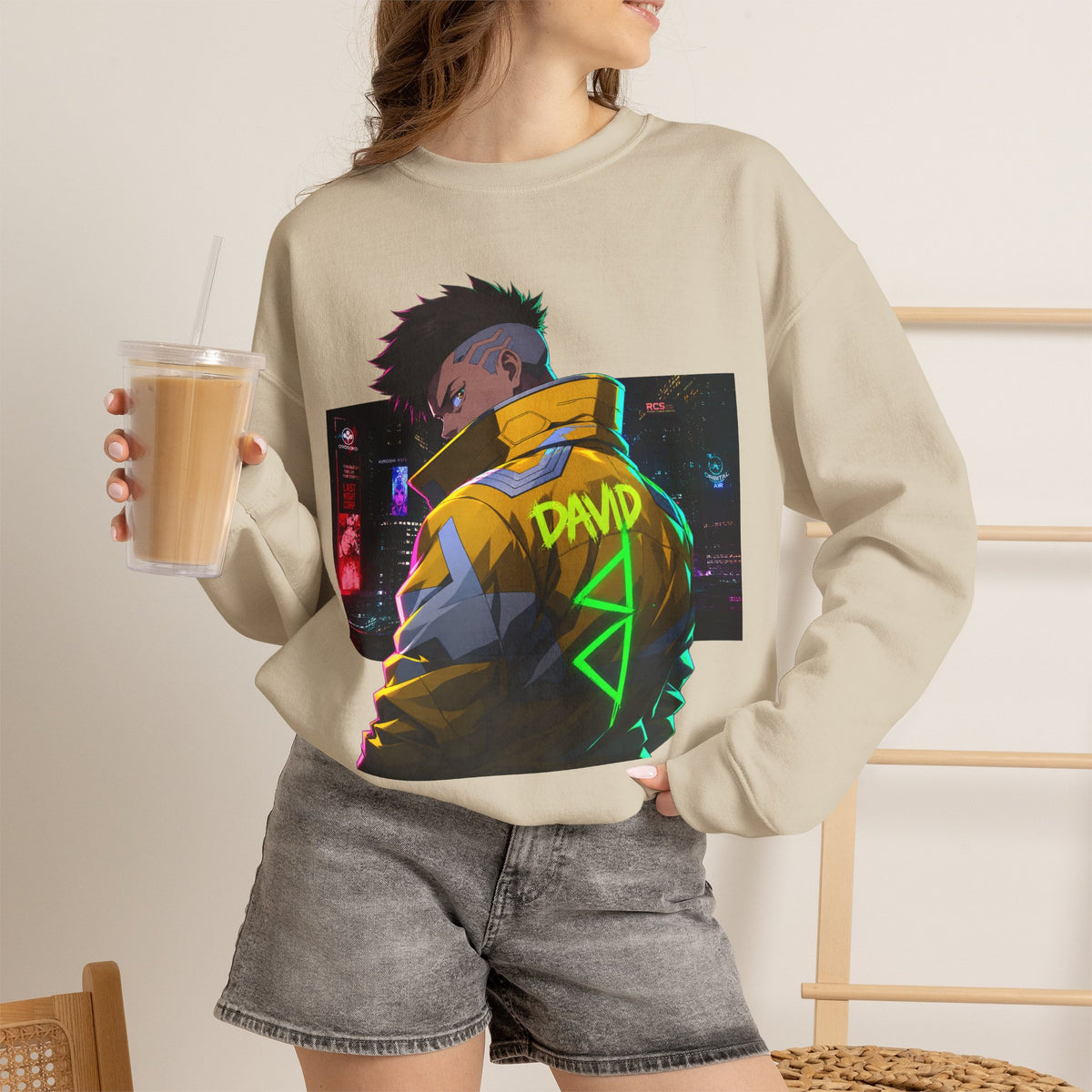 Cyberpunk Jacket Graphic Sweatshirt — "DAVID" Neon Anime Crewneck
