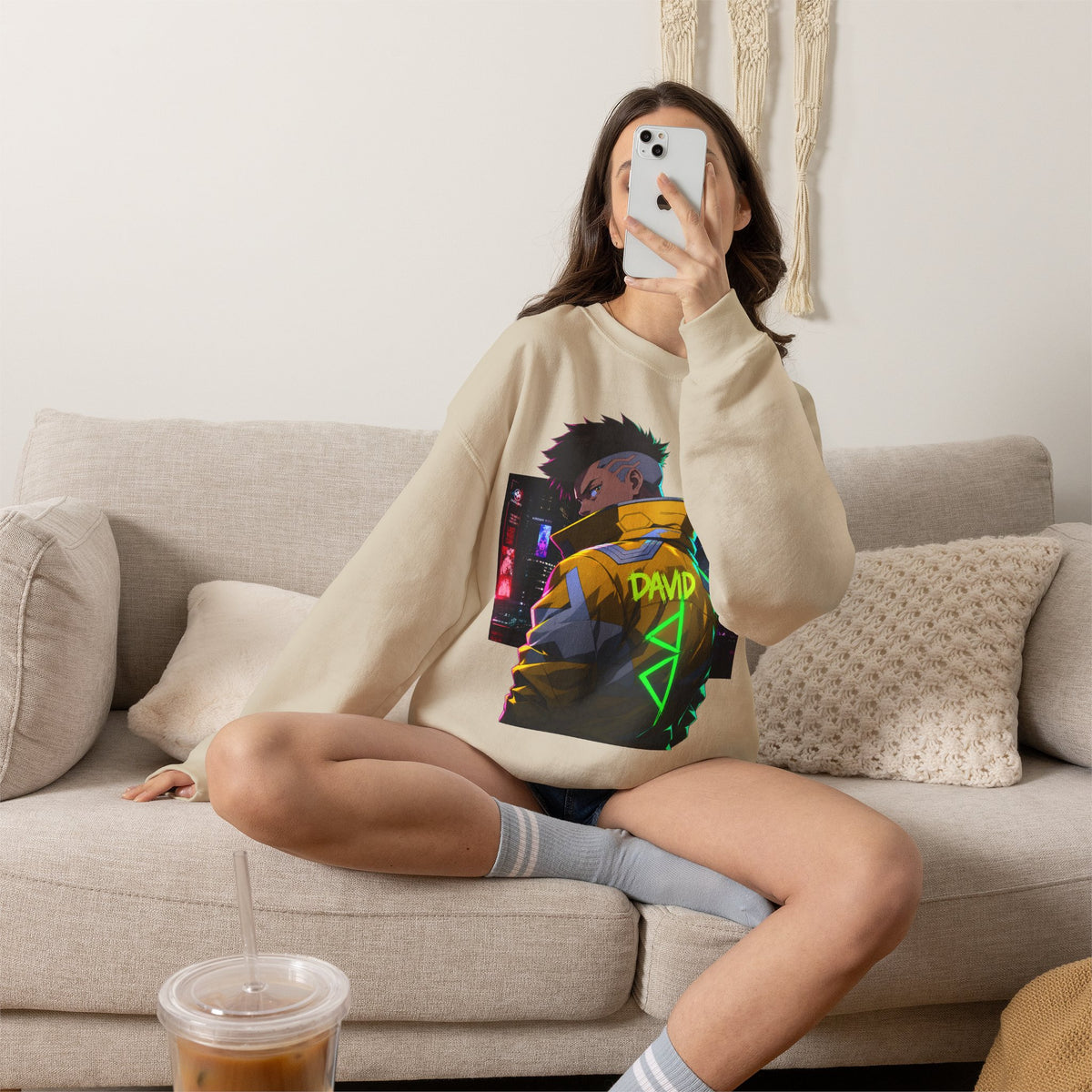 Cyberpunk Jacket Graphic Sweatshirt — "DAVID" Neon Anime Crewneck