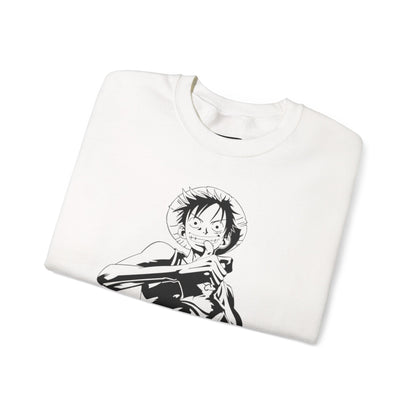 Luffy One Piece Anime Crewneck Sweatshirt — Monochrome Anime Pirate Illustration