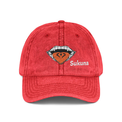 Vintage Embroidered Cap — Retro Lip Patch & "Sukuna" Text
