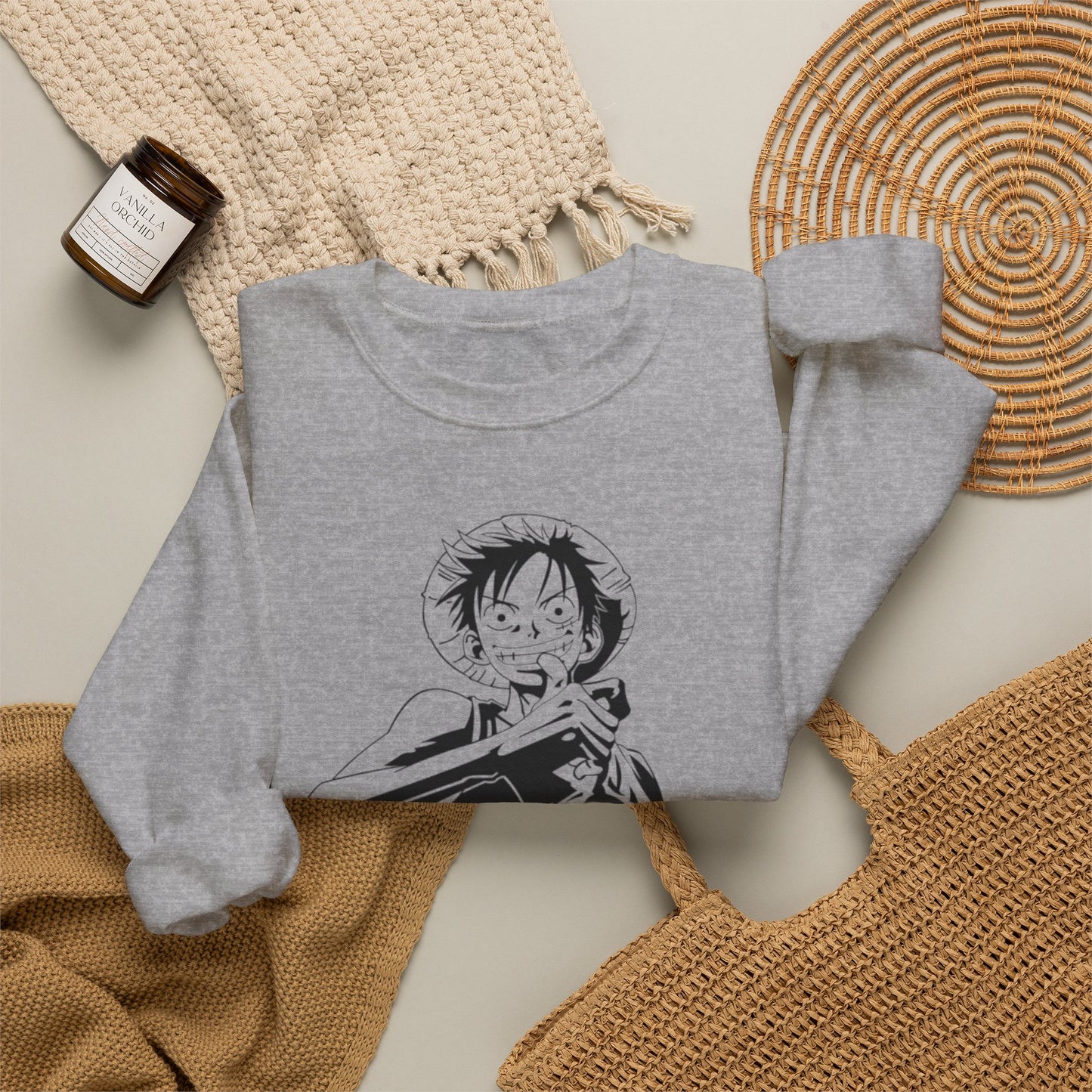 Luffy One Piece Anime Crewneck Sweatshirt — Monochrome Anime Pirate Illustration