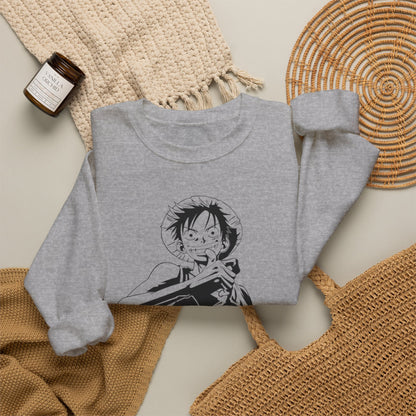 Luffy One Piece Anime Crewneck Sweatshirt — Monochrome Anime Pirate Illustration