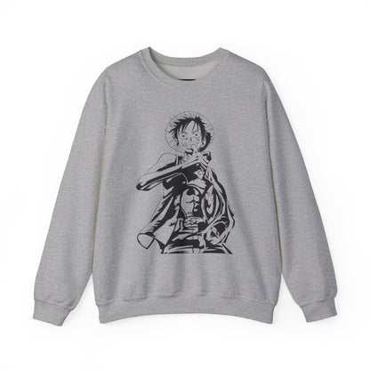 Luffy One Piece Anime Crewneck Sweatshirt — Monochrome Anime Pirate Illustration