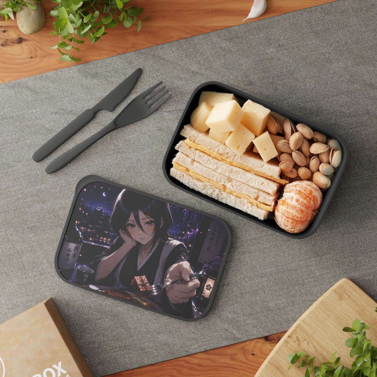 Rukia Kuchiki Bleach Anime Night Bento Box with Utensils – Romantic Cityscape Design