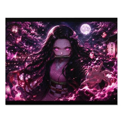 Nezuko Demon Slayer Girl Anime Jigsaw Puzzle with Tin — 500pc Neon Cherry Blossom Night