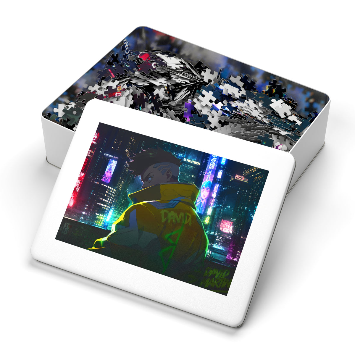 Cyberpunk City Jigsaw Puzzle with Tin — Neon Anime Night Skyline