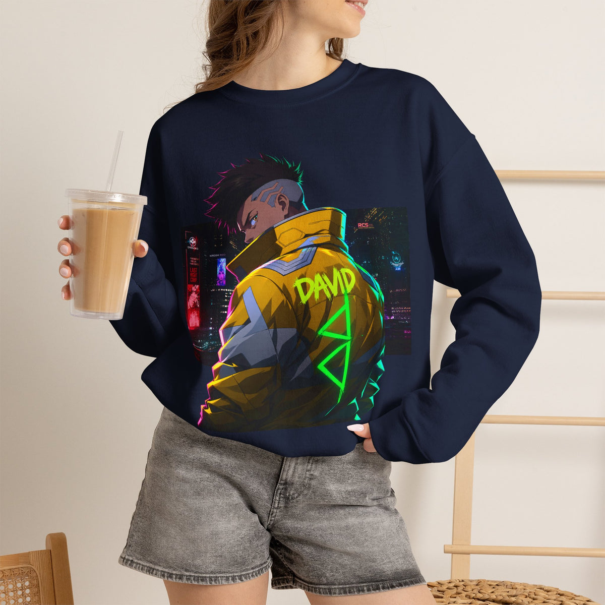Cyberpunk Jacket Graphic Sweatshirt — "DAVID" Neon Anime Crewneck