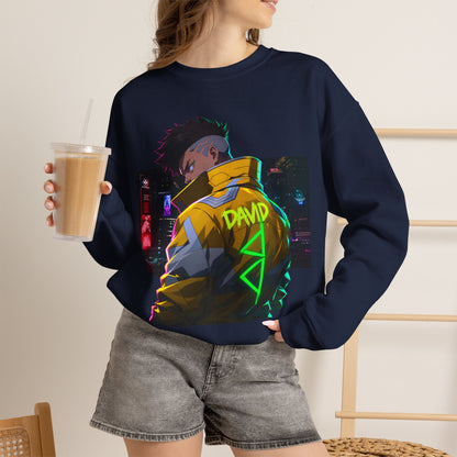 Cyberpunk Jacket Graphic Sweatshirt — "DAVID" Neon Anime Crewneck