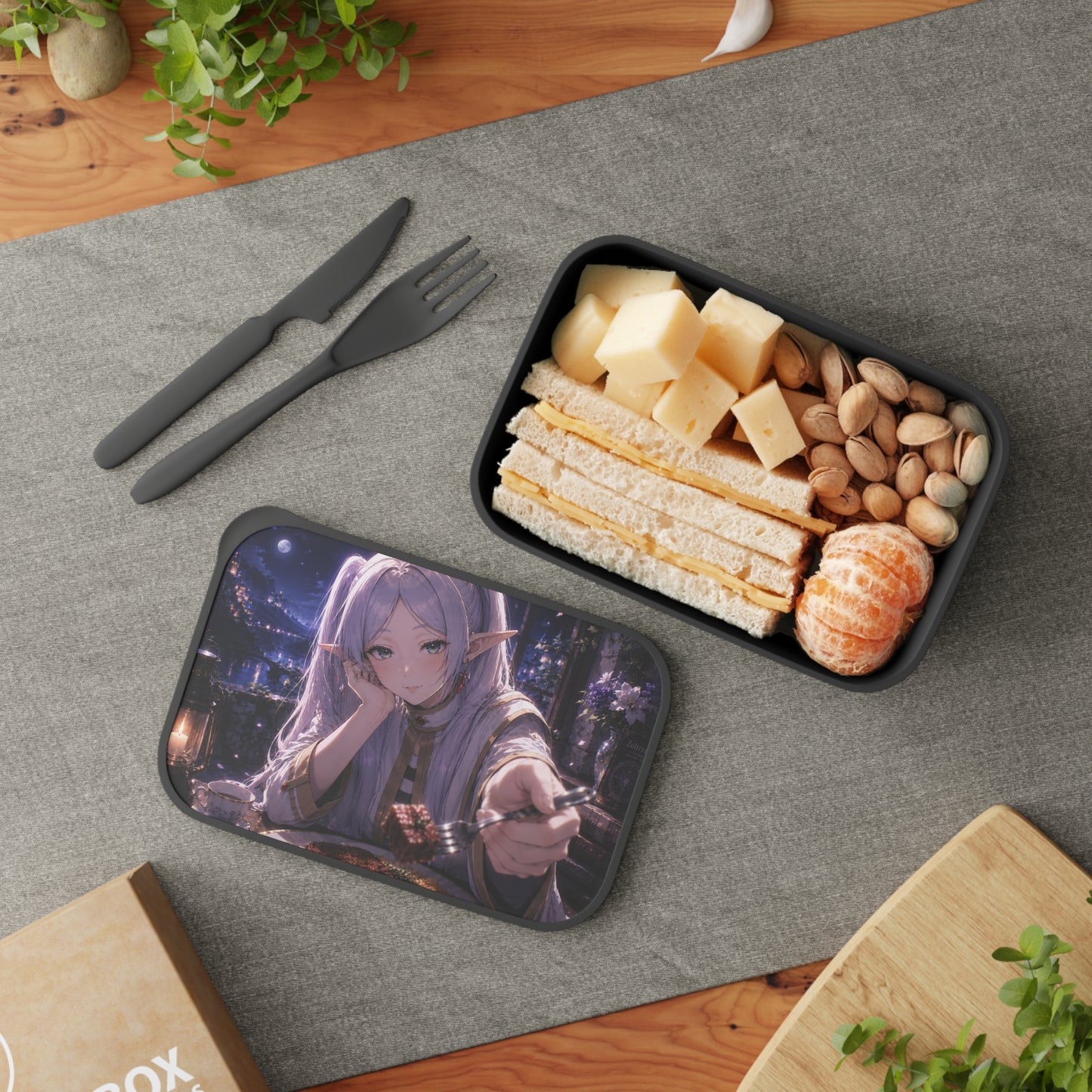 Frieren Anime Elf Girl Bento Box with Utensils – Nighttime Cozy Lunch Container