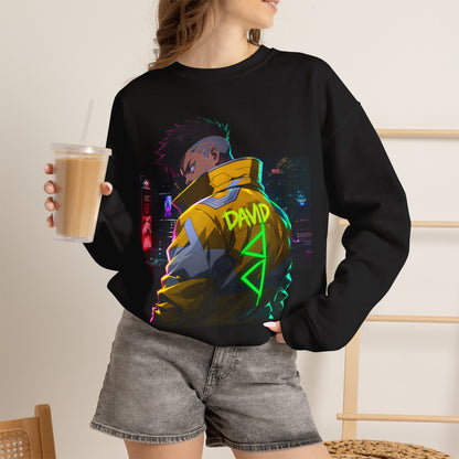 Cyberpunk Jacket Graphic Sweatshirt — "DAVID" Neon Anime Crewneck
