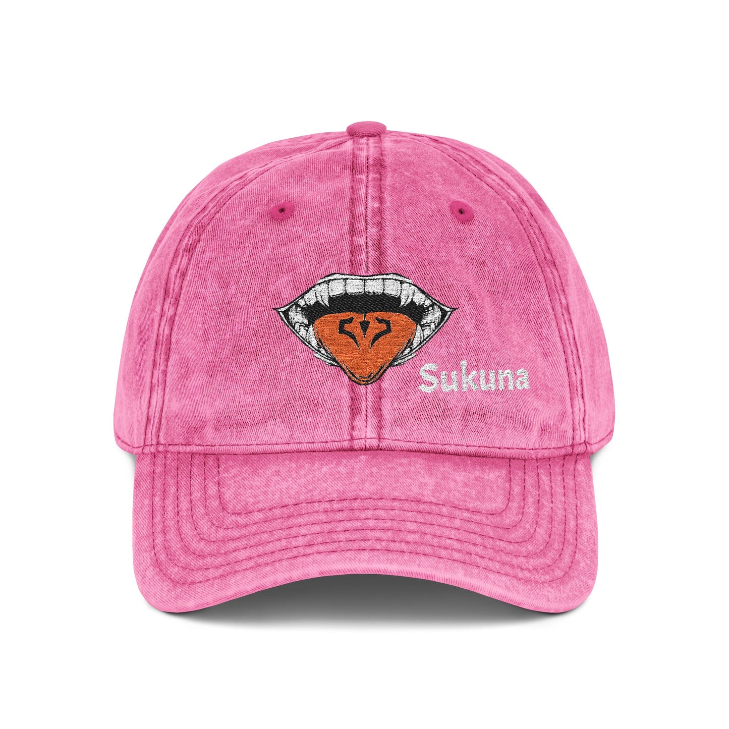 Vintage Embroidered Cap — Retro Lip Patch & "Sukuna" Text