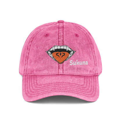 Vintage Embroidered Cap — Retro Lip Patch & "Sukuna" Text