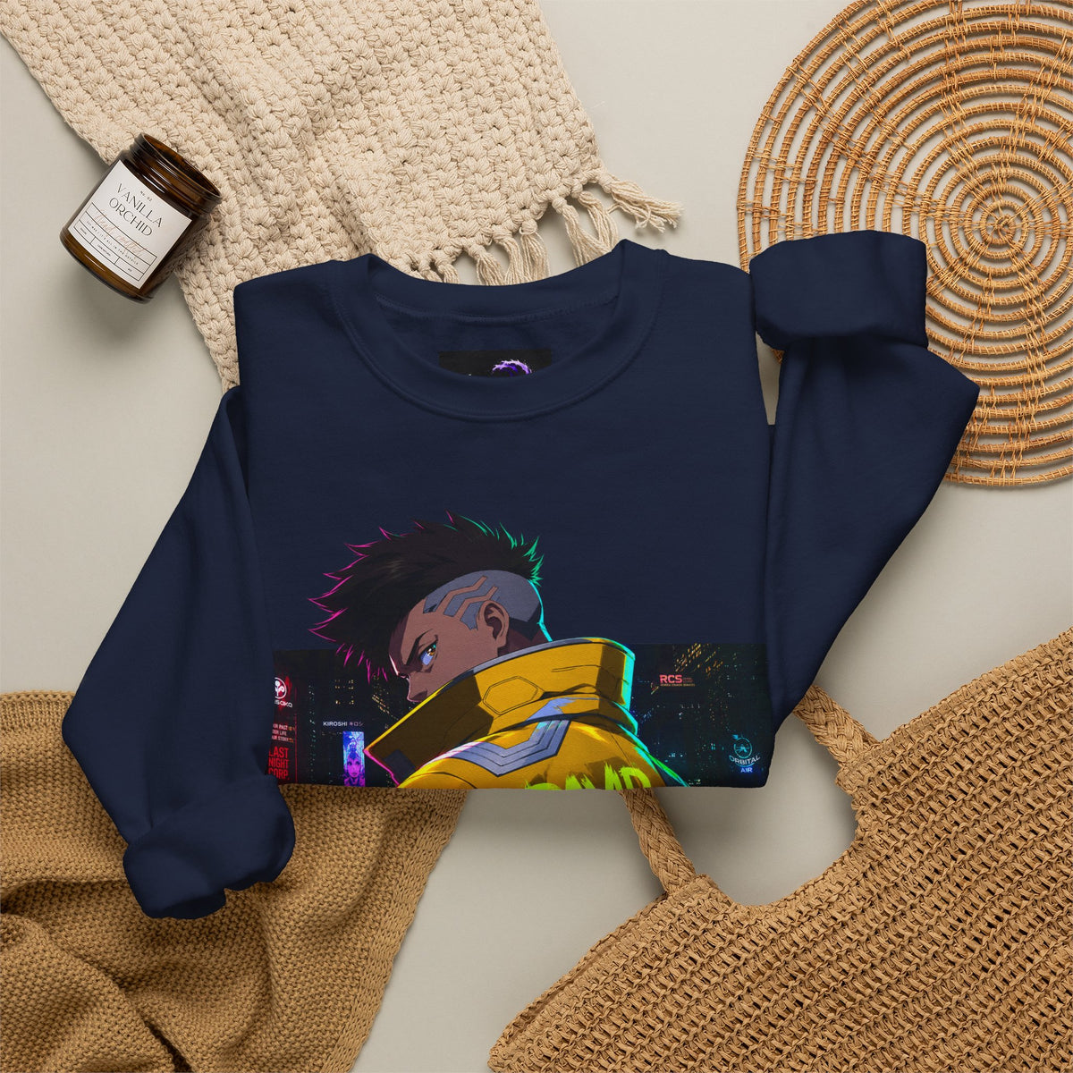 Cyberpunk Jacket Graphic Sweatshirt — "DAVID" Neon Anime Crewneck