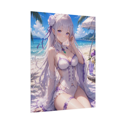 Anime Beach Poster — Pastel Violet Swimsuit Waifu Rolled Art Print