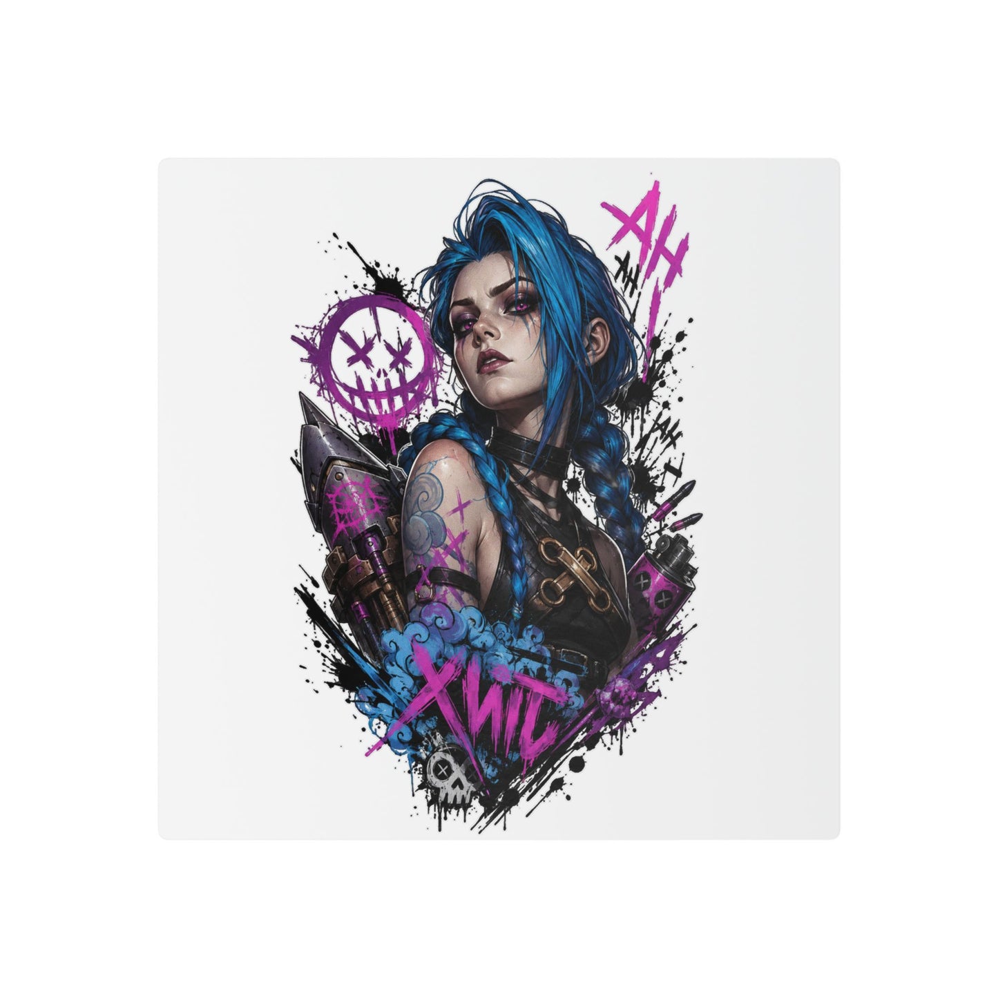 Jinx-Inspired Punk Girl Temporary Tattoos — Blue Hair Graffiti Tattoo Sheet