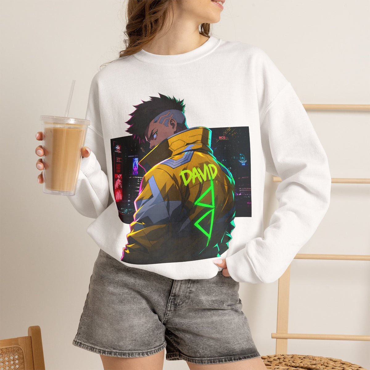 Cyberpunk Jacket Graphic Sweatshirt — "DAVID" Neon Anime Crewneck