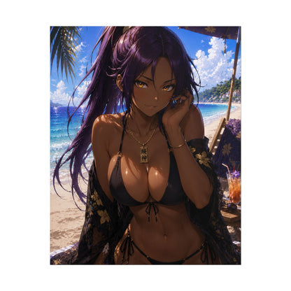 Yoruichi Bleach Anime Beach Poster — Dark-Skinned Purple-Haired Bikini Girl Rolled Art Print