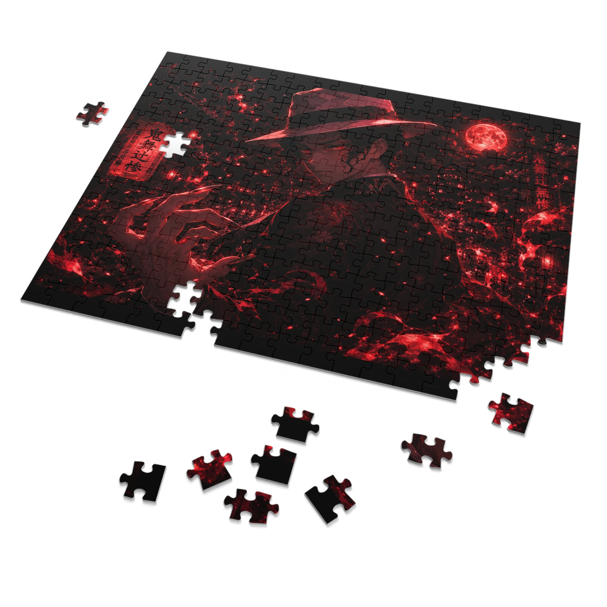 Muzan demon slayer Noir Red Moon Jigsaw Puzzle with Tin — Anime Mystery Gentleman Design