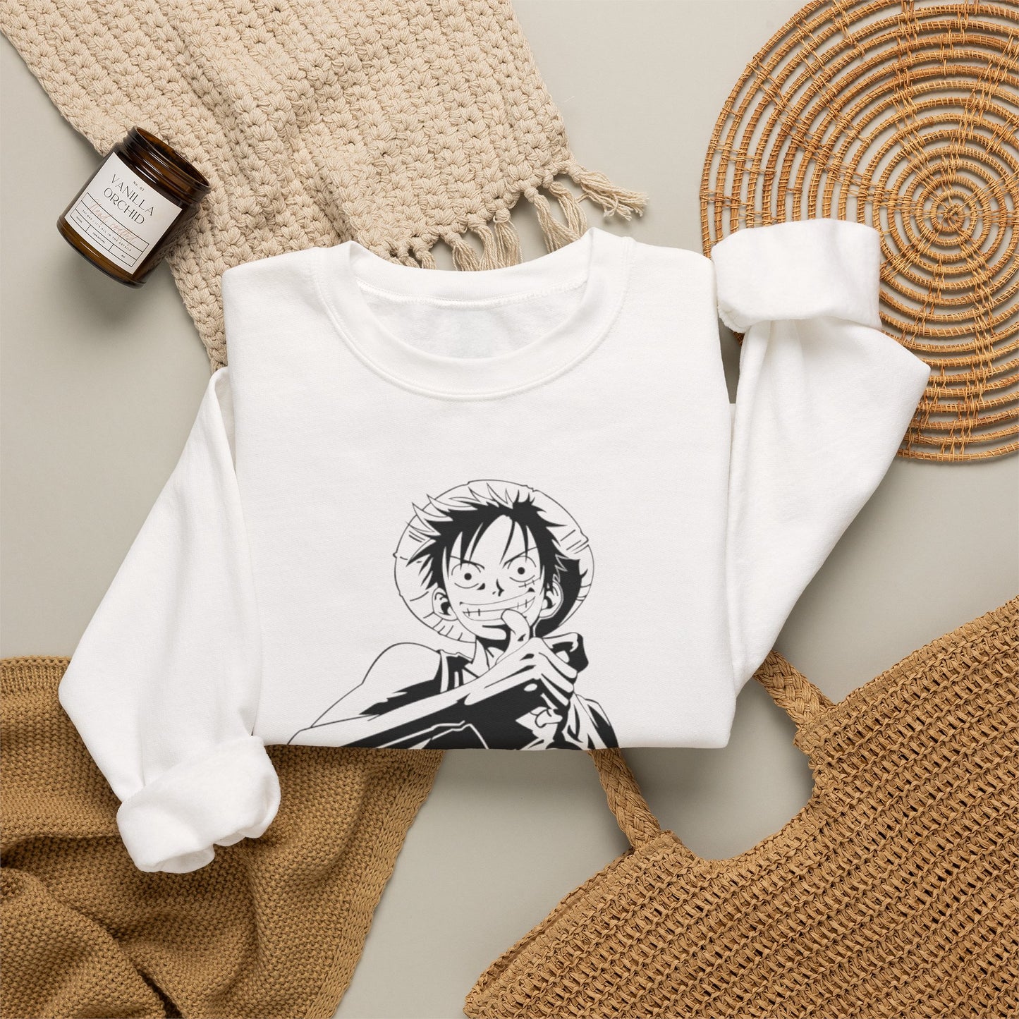 Luffy One Piece Anime Crewneck Sweatshirt — Monochrome Anime Pirate Illustration