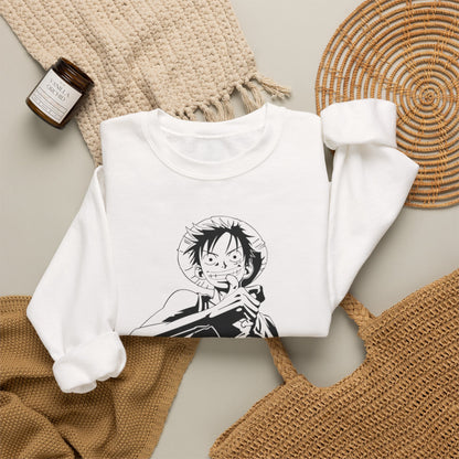 Luffy One Piece Anime Crewneck Sweatshirt — Monochrome Anime Pirate Illustration