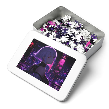 Cyberpunk Anime Jigsaw Puzzle with Tin — 'Lucy' Neon Night City Scene