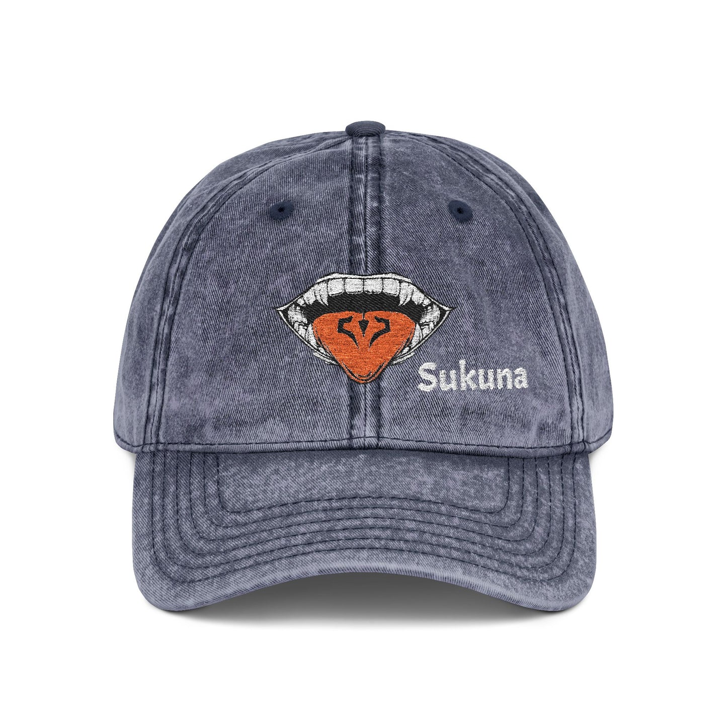 Vintage Embroidered Cap — Retro Lip Patch & "Sukuna" Text