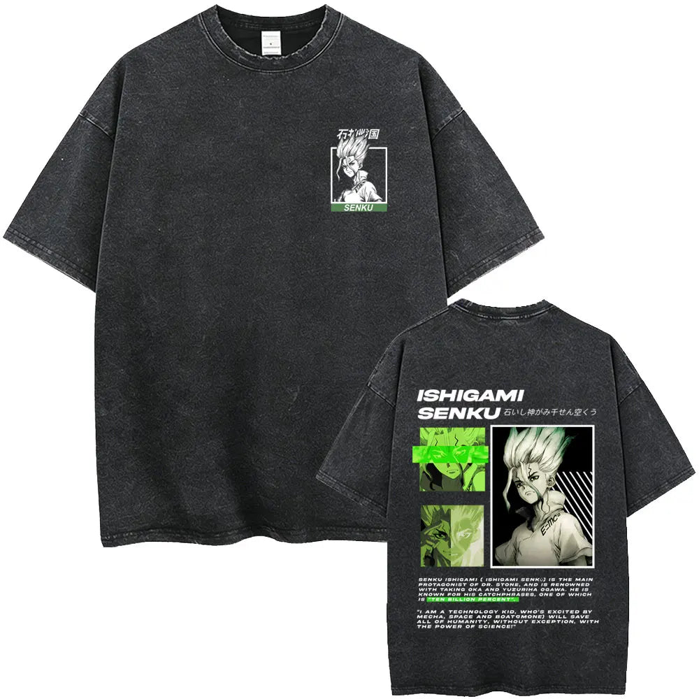 Dr. Stone Senku Ishigami Vintage Washed T-Shirt – Unisex Oversized Manga Graphic Tee