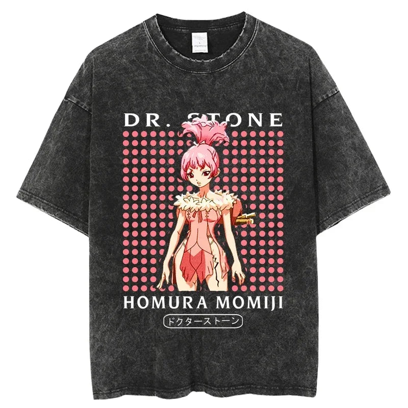 Dr. Stone Senku Ishigami Vintage Washed T-Shirt – Unisex Oversized Harajuku Cotton Graphic Tee