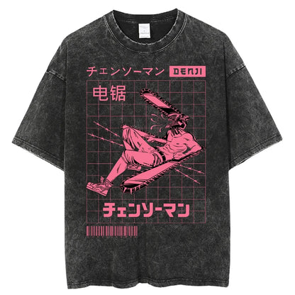 Chainsaw Man Denji & Pochita Vintage Washed T-Shirt – Oversized Harajuku Anime Tee