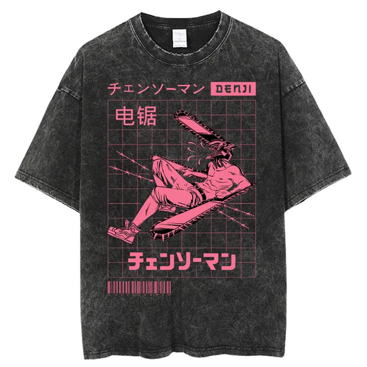 Chainsaw Man Denji & Pochita Vintage Washed T-Shirt – Oversized Harajuku Anime Tee