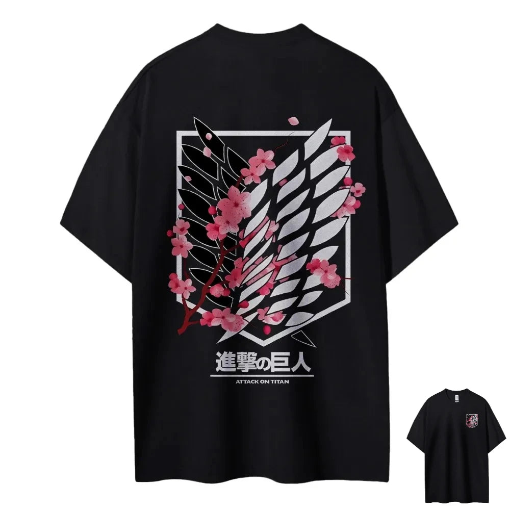 Attack on Titan Wings of Freedom Cherry Blossom Graphic T-Shirt – Unisex Cotton Anime Streetwear Tee