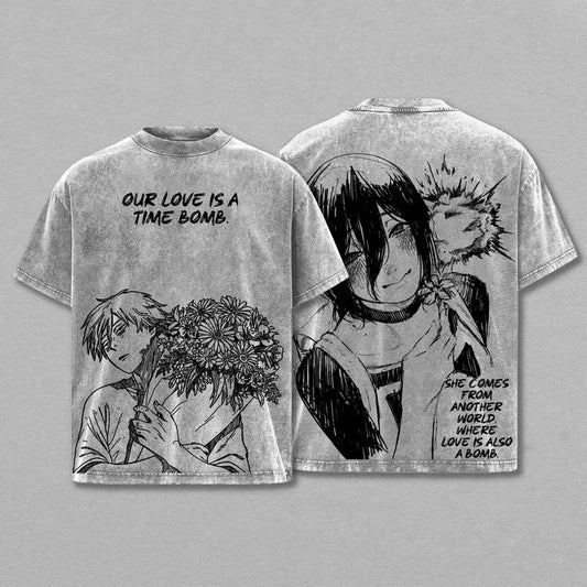 Chainsaw Man Reze Vintage Washed T-Shirt – Oversized Unisex Anime Streetwear Tee