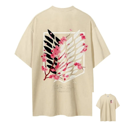 Attack on Titan Wings of Freedom Cherry Blossom Graphic T-Shirt – Unisex Cotton Anime Streetwear Tee
