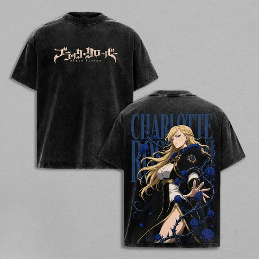 Black Clover Charlotte Roselei Vintage Washed Graphic T-Shirt – Oversized Unisex Cotton Anime Streetwear Tee
