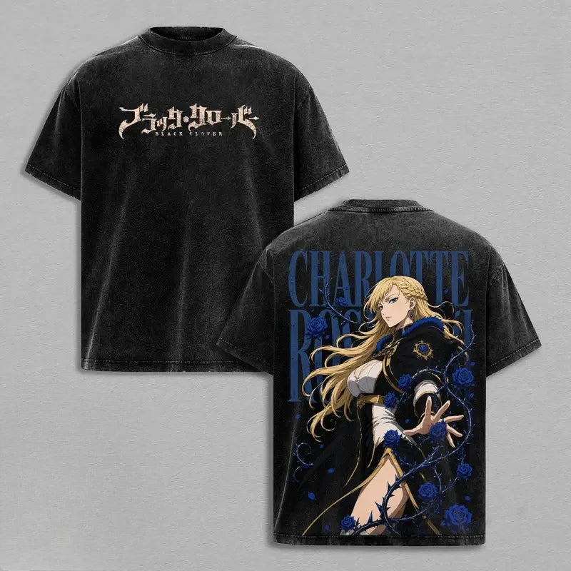 Black Clover Charlotte Roselei Vintage Washed Graphic T-Shirt – Oversized Unisex Cotton Anime Streetwear Tee