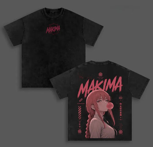 Chainsaw Man Makima Vintage Washed T-Shirt – Unisex Harajuku Anime Streetwear Tee