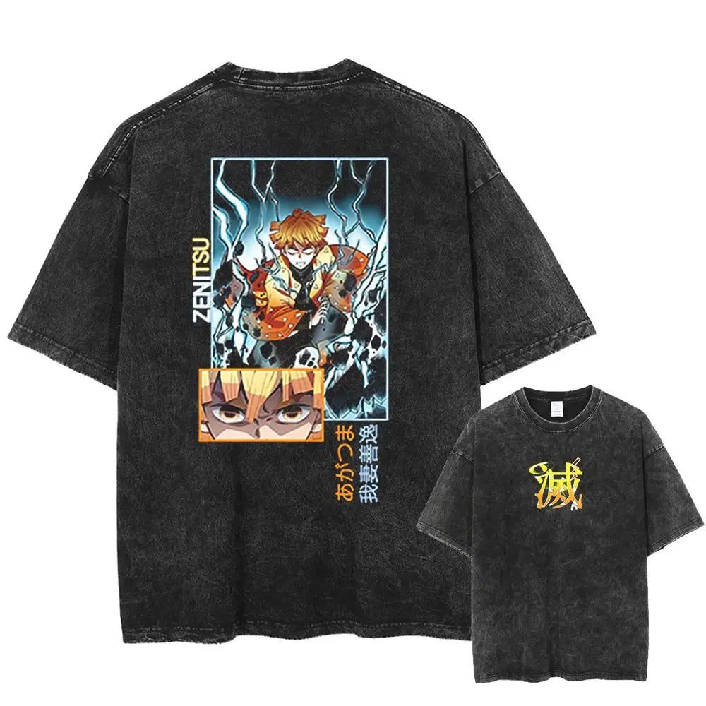 2026 New Demon Slayer Agatsuma Zenitsu Graphic Quality T-Shirt Men and Women Cotton Vintage Washed Print Streetwear Sports Tops