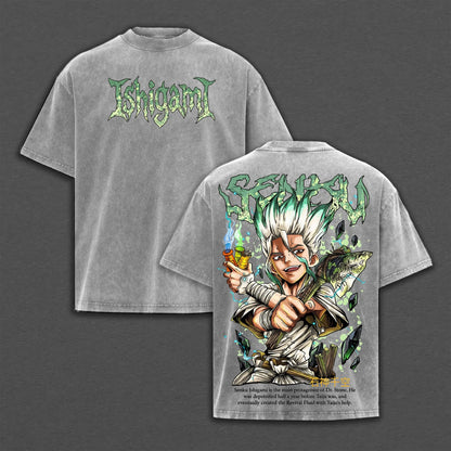 Dr. Stone Senku Ishigami Gothic Washed T-Shirt – Harajuku Anime Cotton Graphic Tee