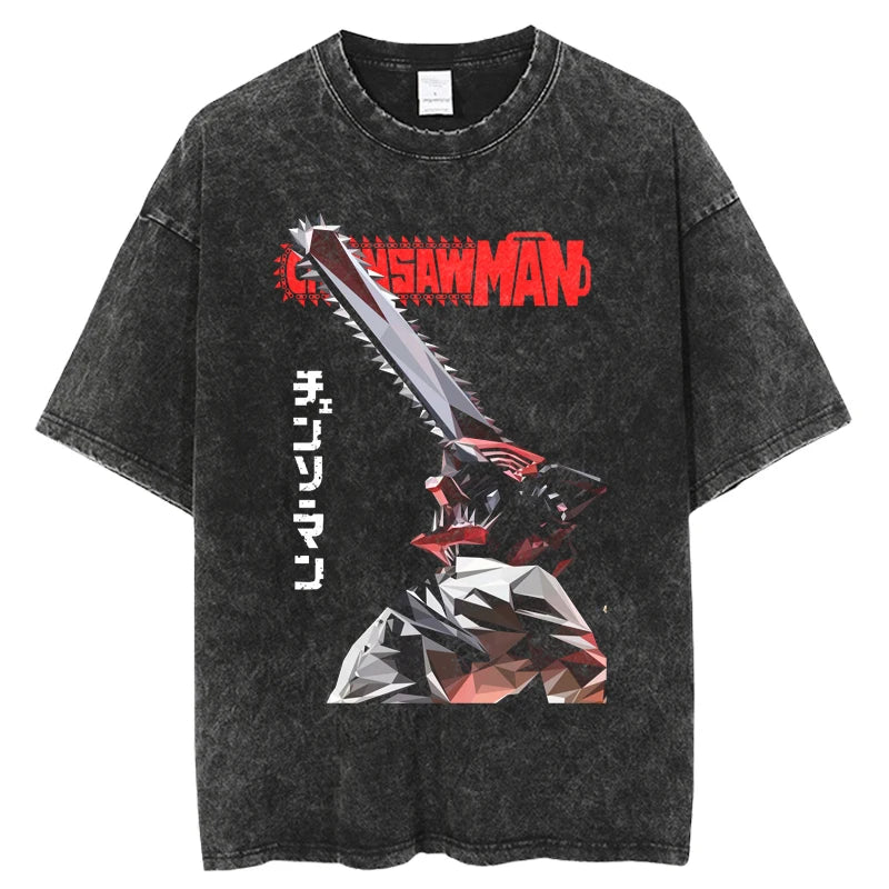 Chainsaw Man Denji & Pochita Vintage Washed T-Shirt – Oversized Harajuku Anime Tee
