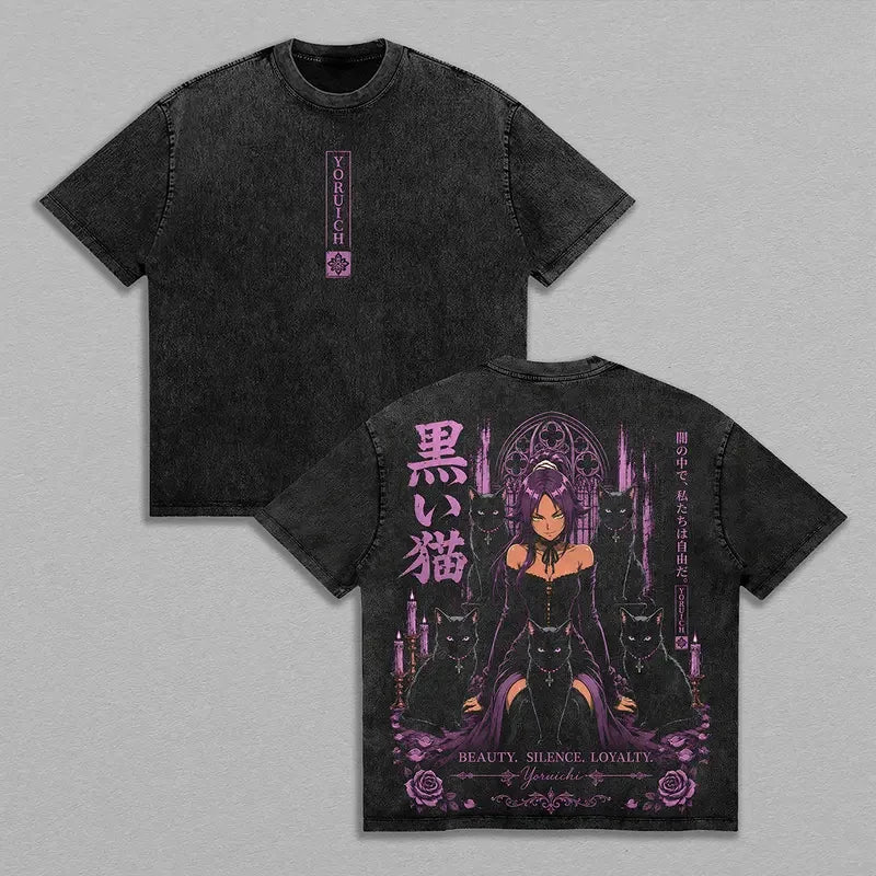 BLEACH Yoruichi Shihōin Vintage Washed T-Shirt – Unisex Harajuku Anime Streetwear Tee