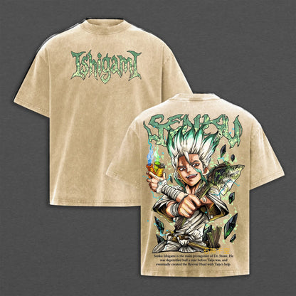 Dr. Stone Senku Ishigami Gothic Washed T-Shirt – Harajuku Anime Cotton Graphic Tee